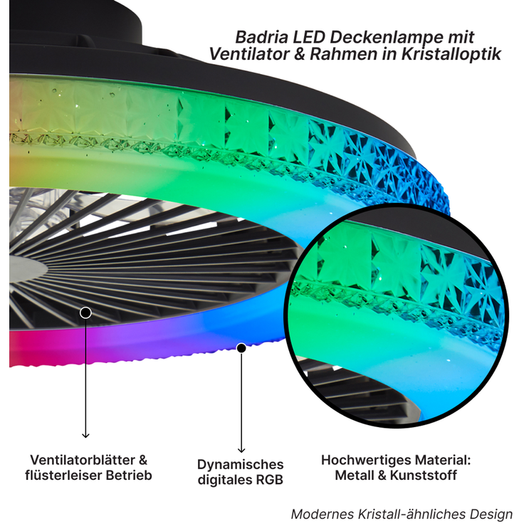 Brilliant LED Deckenlampe mit Ventilator, 49 cm Ø - RGB-Frontlicht & CCT-Zentralbeleuchtung, dimmbar, mit Farbwechsel & Fernbedienung – Bild 3