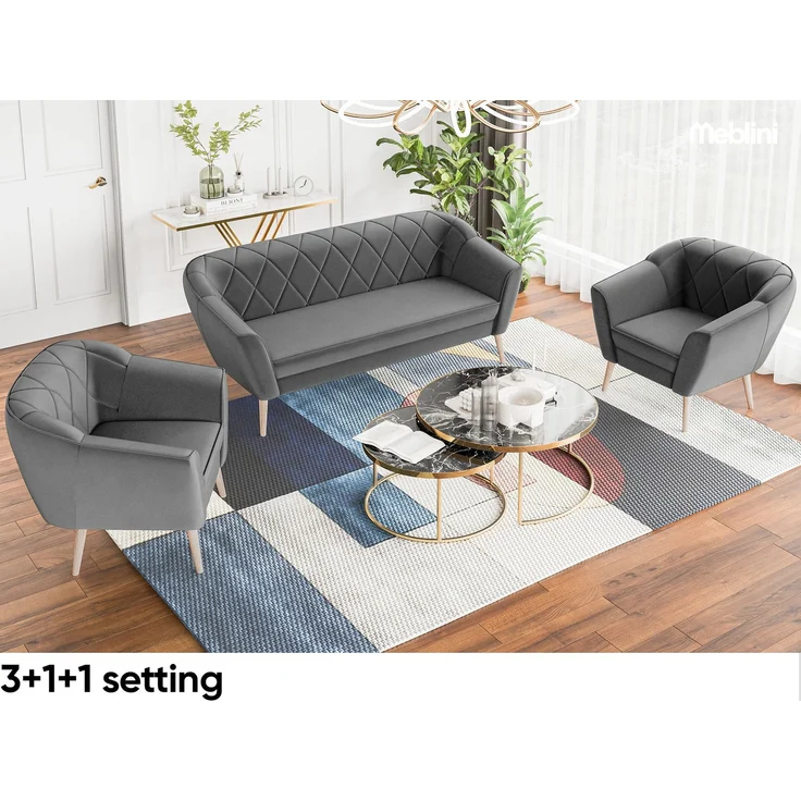 MEBLINI Mini Sofa Set 3-1-1 für Wohnzimmer - Mini Lounge für fünf Personen - Küchensofa - Sofa Klein - Sitzgarnitur - Polstergarnitur - Sofagarnituren - GISELA - 3+1+1 - Dunkelgrau Samt – Bild 2