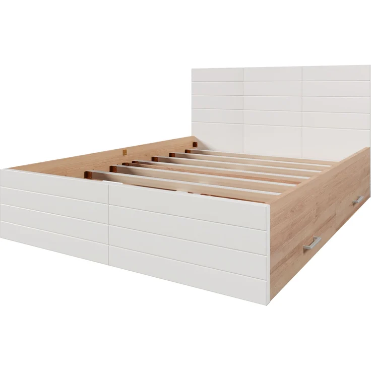 Holzbett aus Massivholz & MDF mit 2 Schubladen & Lattenrost, 160x200 cm, 207x165x80 cm, Weiß/Eiche, ohne Matratze – Bild 7