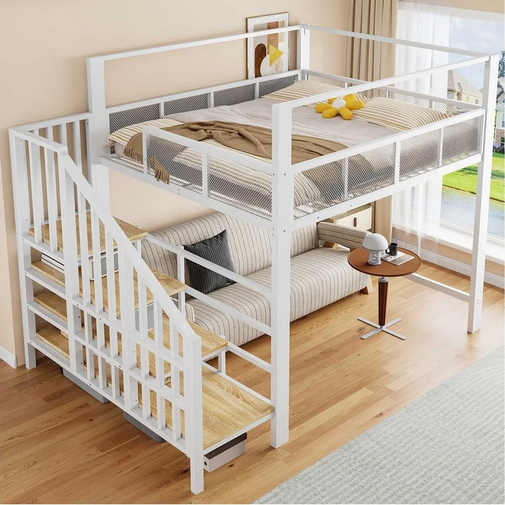 BlingBin Hochbett Metallbett Kinderbett Jugendbett mit Baldachin,Sicherheitstreppe (3 Packung, 1-St, Arbeitsfläche unter dem Bett, Stauraumstufen) Einzel-Hochbett fürs Schlafzimmer,Weiß,140×200cm – Bild 3