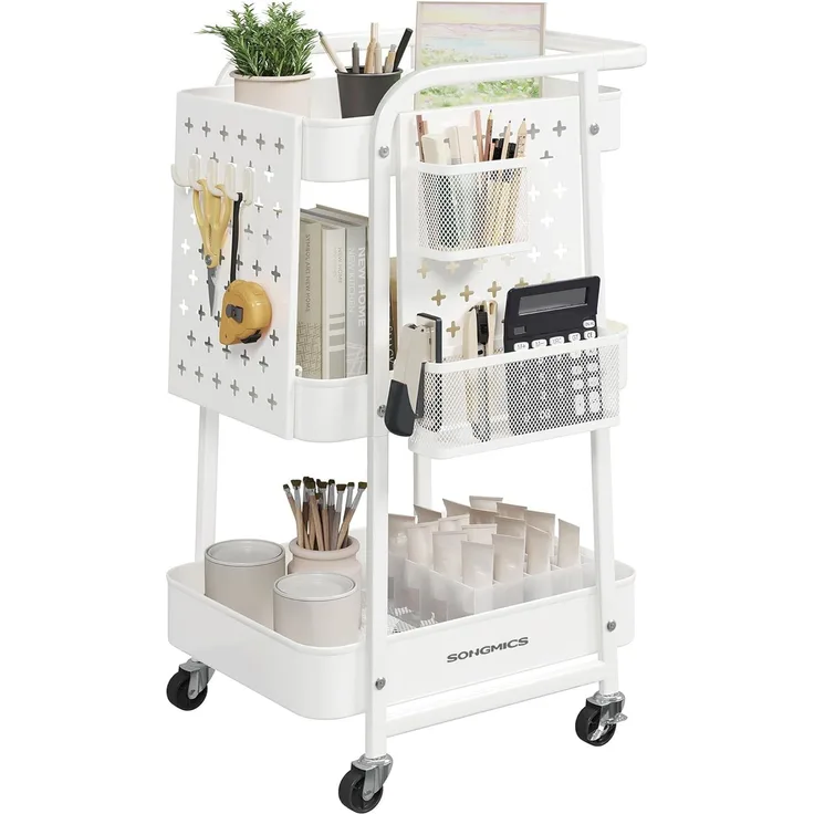 SONGMICS Rollwagen, Küchenwagen, 3 Metallgitterablagen, Servierwagen, 2 abnehmbare Lochplatten, 2 Hängekörbe, 4 Haken, für Büro, Küche, Wohnzimmer, Badezimmer
