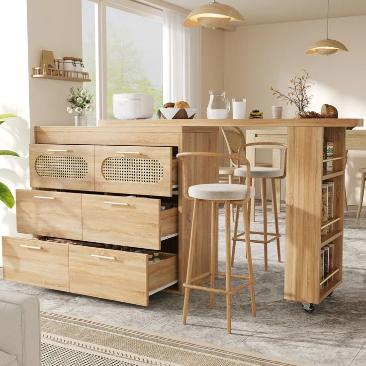 Merax Bartisch mit 6 Schubladen & PE Rattan Türen, 360° drehbarer Stehtisch mit Kippsicherung, viel Stauraum, Metallgriffe, Bistrotisch für Wohnzimmer, Küche, Esszimmer, Arbeitsbereich, Natur
