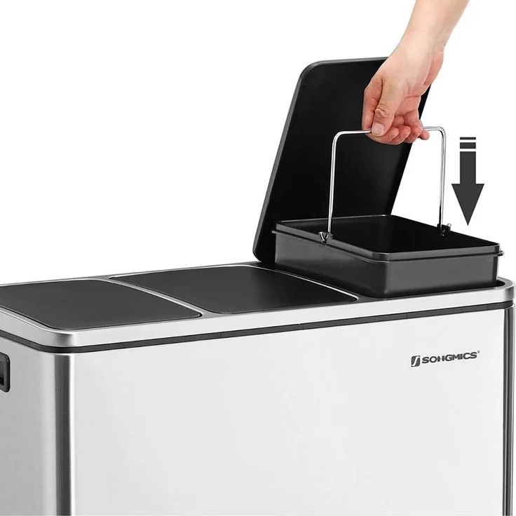 Songmics Mülleimer mit Deckel mit langsamem Verschluss, Inneneimern & Griffen, Silber, 3 Fächer, 3x18 Liter – Bild 6