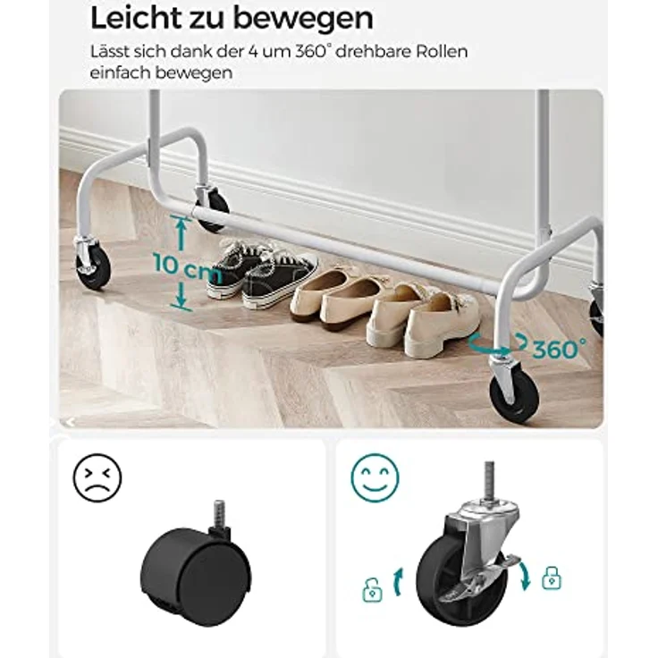 SONGMICS Kleiderständer auf Rollen, Garderobenständer, hochbelastbar, ausziehbare Kleiderstange, bis 130 kg belastbar, 45 x (110-150) x 162,9 cm, aus Metall, verchromt, mattweiß HSR011W01 – Bild 6