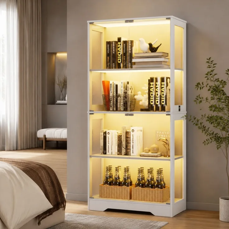 Glasvitrine 80 x 35 x 165 cm aus MDF und Glas mit LED-Beleuchtung, Weiß