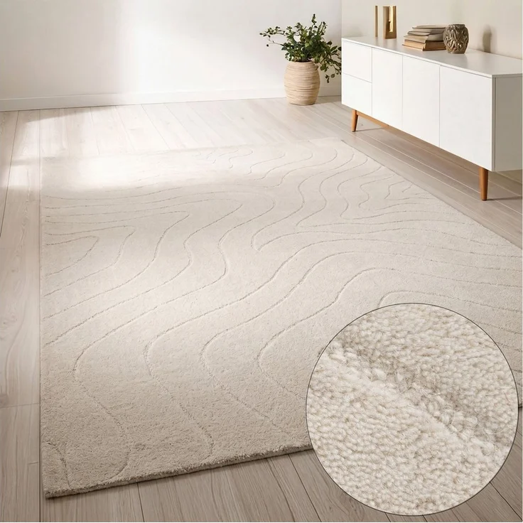 LeGer Home by Lena Gercke Wollteppich Zarrah, mit Wellendesign, Linienmuster, rechteckig, Höhe: 14 mm, reine Wolle, modern, Scandi, Wohnzimmer, Schlafzimmer, Esszimmer – Bild 1