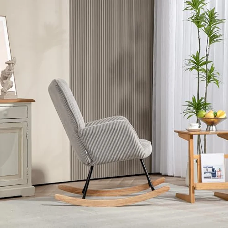 HOMCOM Schaukelstuhl, Schaukelsessel mit Kordoptik, Armlehne, Sessel mit Holzkufen, Relaxsessel für Wohnzimmer, Schlafzimmer, Hellgrau – Bild 8