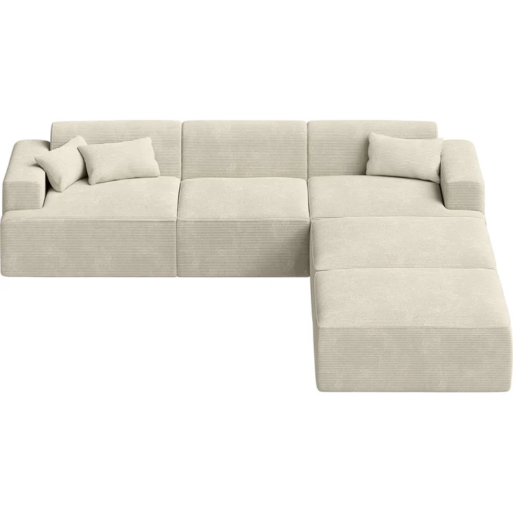 skølm 'Freki' Cloud Sofa 4 Sitzer mit 2x Hocker, Vollschaumcouch mit Federkern und Vakuum-Kompression, kein Aufbau erforderlich, mit 3 Kissen, Cord beige