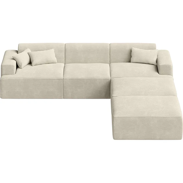 skølm 'Freki' Cloud Sofa 4 Sitzer mit 2x Hocker, Vollschaumcouch mit Federkern und Vakuum-Kompression, kein Aufbau erforderlich, mit 3 Kissen, Cord beige