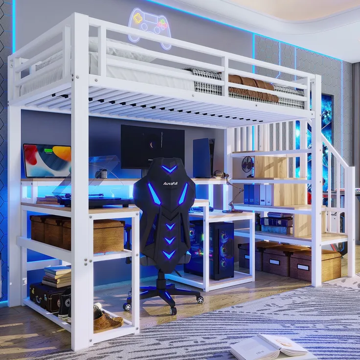 EINHOM Hochbett, 90 x 200 cm, Eisenrahmen, Ablagefach, Treppenkonstruktionen mit Stauraum, Sicherheitsgeländer, mit LED-Lichtleiste, Schreibtisch, mit USB-Anschluss, Weiß (Ohne Matratze)