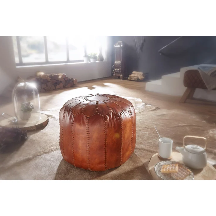 Wohnling Pouf, Ottomane, Sitzhocker, Echtleder Braun 52 x 40 x 52 cm – Bild 6