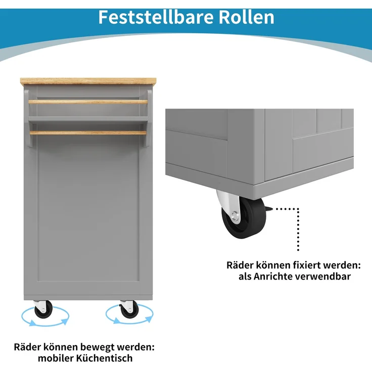 Kücheninsel Grau mit klappbarem Arbeitsbereich, multifunktionaler Esszimmerwagen, MDF-Tischplatte mit Holzmaserung, Zinkgriff,Weinregal und 360°Lenkrollen – Bild 6