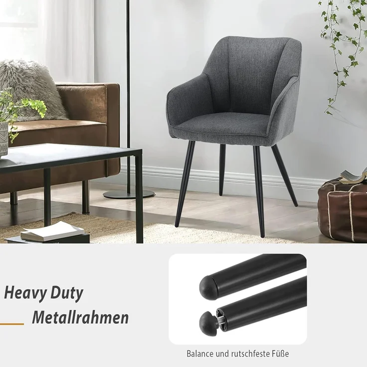 TUKAILAI Esszimmerstühle 2er Set aus Leinen,Küchenstuhl Polsterstuhl Armlehnstuhl mit Armlehnen,Rückenlehnen,weiche Sitzpolster,Metallbeinen,Modern Sessel für Küche Esszimmer Wohnzimmer,Dunkelgrau – Bild 7