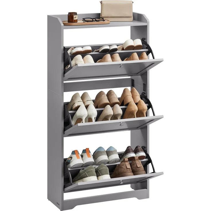 VASAGLE Schuhschrank 3 Klappen, Schuhkipper, Schuhregal, Schuhaufbewahrung, Oberplatte, Trennwand verstellbar, für bis zu 12-20 Paar Schuhe, Flur, 24 x 60 x 121,2 cm, Taubengrau LBC036GD01 – Bild 1