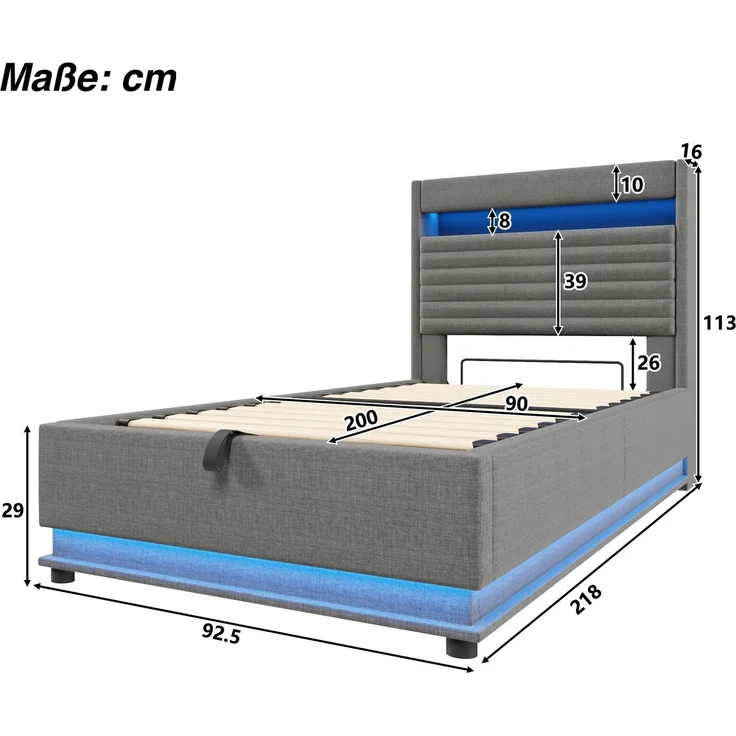 Polsterbett mit LED-Streifen, Stauraum, Schrank, USB und Type-C, 90x200 cm, gepolsterter Kopfteil mit Schrank, Einzelbett, Stauraumbett, Leinen – Bild 6