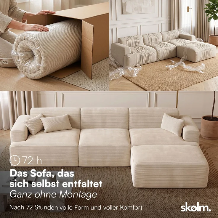 skølm 'Freki' Cloud Sofa 3 Sitzer mit Hocker, Vollschaumcouch mit Federkern und Vakuum-Kompression, kein Aufbau erforderlich, mit 3 Kissen, Cord beige – Bild 3