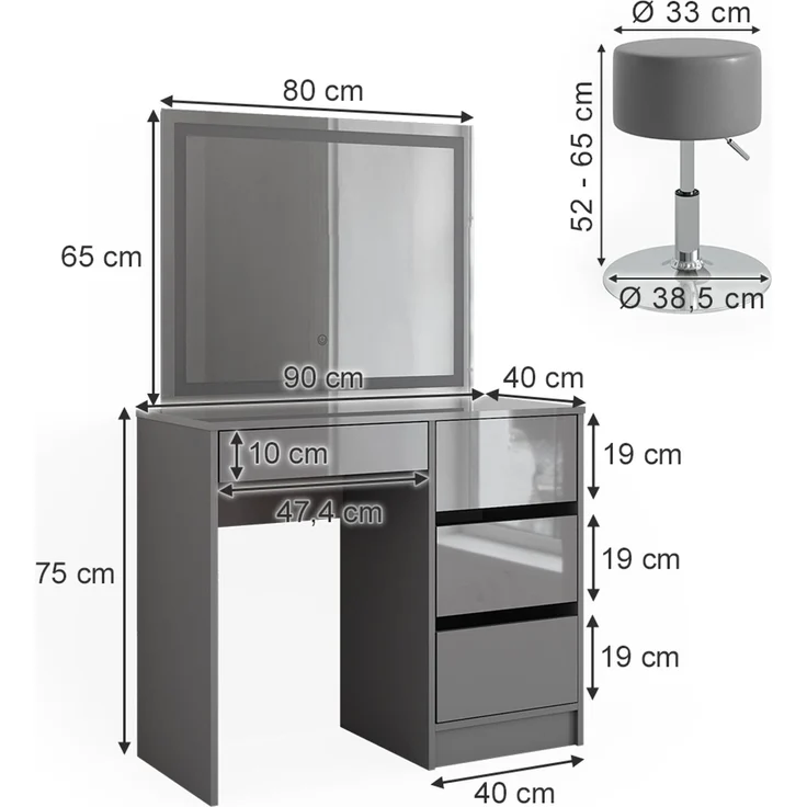 Schminktisch Sherry Grau 90 cm mit LED Spiegel und Hocker Vicco – Bild 3