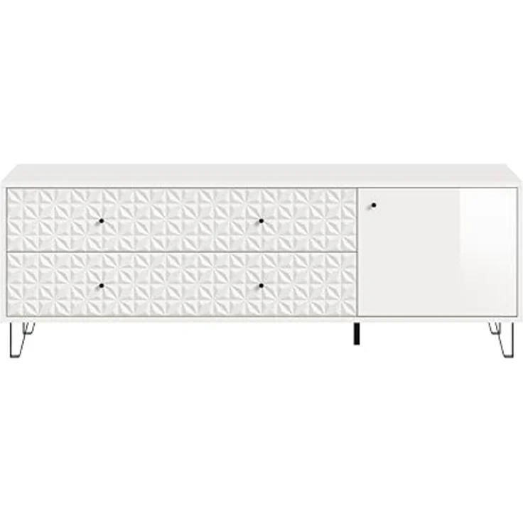 Lowboard (B/H/T: 164x56x40 cm) in weiß Melamin und weiß Hochglanz – Bild 2