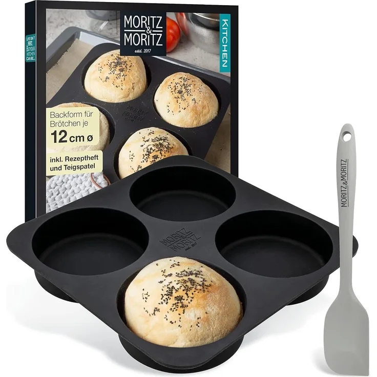 Moritz & Moritz Silikonform Moritz & Moritz Backform Brot Burger inklusieve Beckheft und Teigschab, (Set 3-tlg), Für Brot, Burger Buns und XXL Muffins