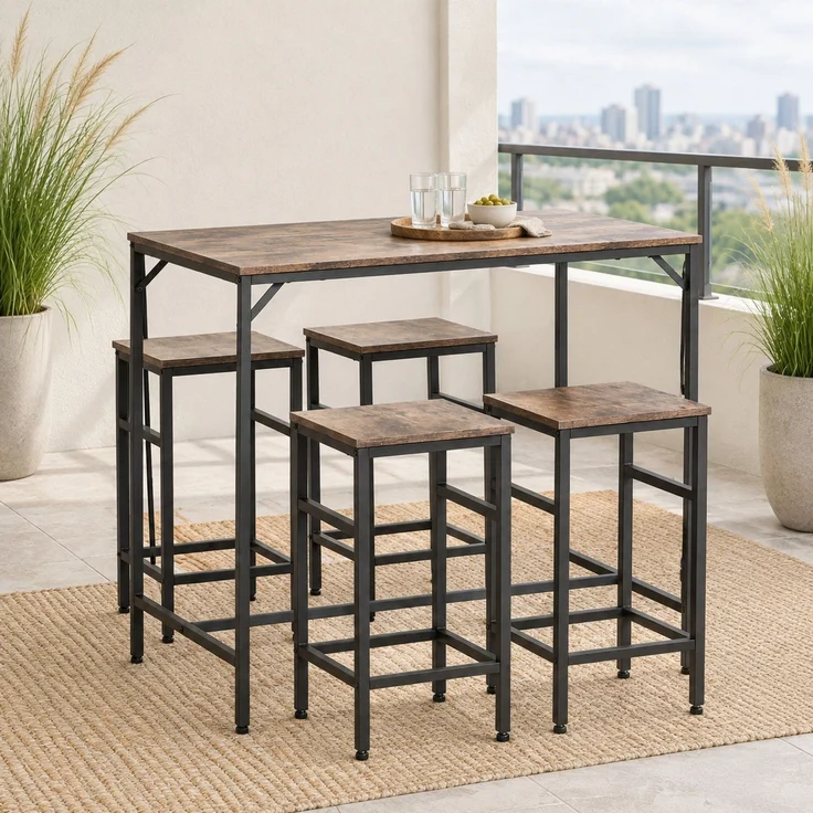 Bartisch-Set mit 4 Barhockern, Spanplatte und Stahl, 100x60x88 cm, Rustikalbraun/Schwarz – Bild 3