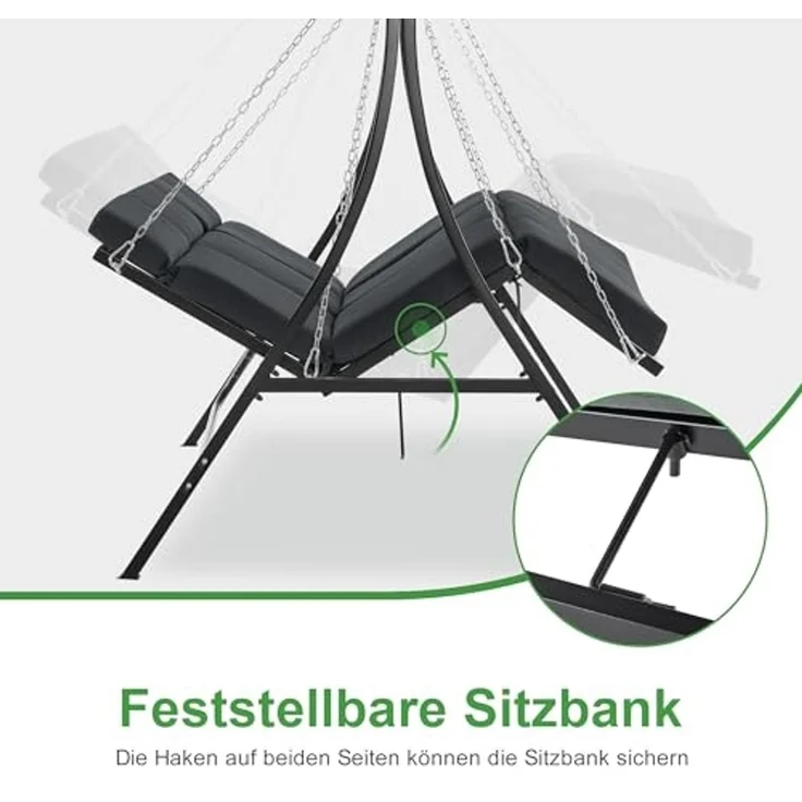 M MCombo Hollywoodschaukel mit Liegefunktion, Gartenschaukel 3 Sitzer Wetterfest, Outdoor Schaukelbank mit Metallketten, Verstellbarem Dach, 123*194*169 cm, 8018 (Dunkgelgrau) – Bild 5