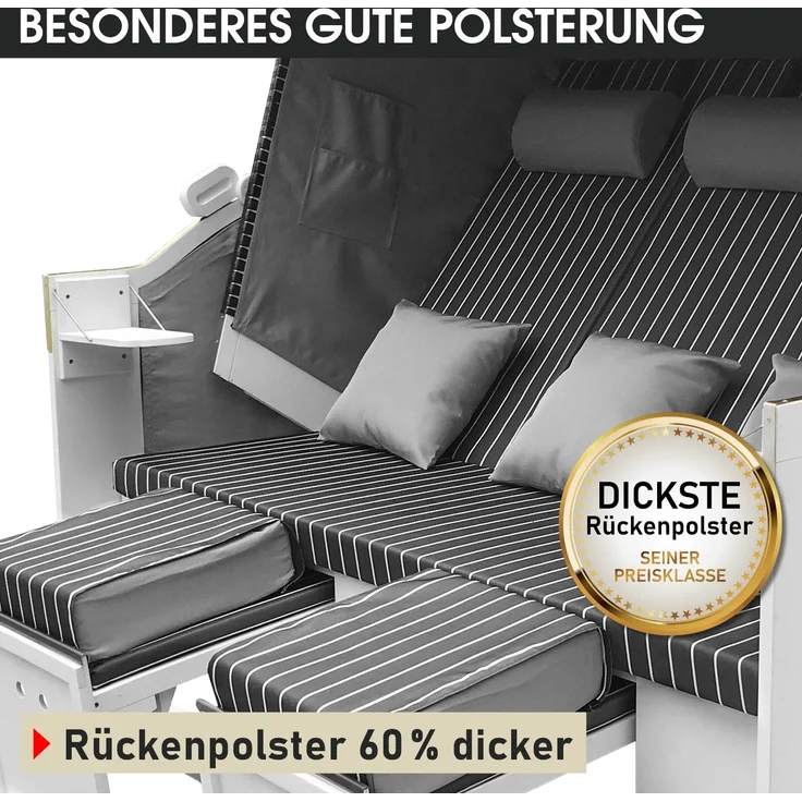 'Brast' 3-Sitzer Strandkorb gestreift XXL inkl. Schutzhülle, Poly-Rattan anthrazit/grau, 160 cm – Bild 10