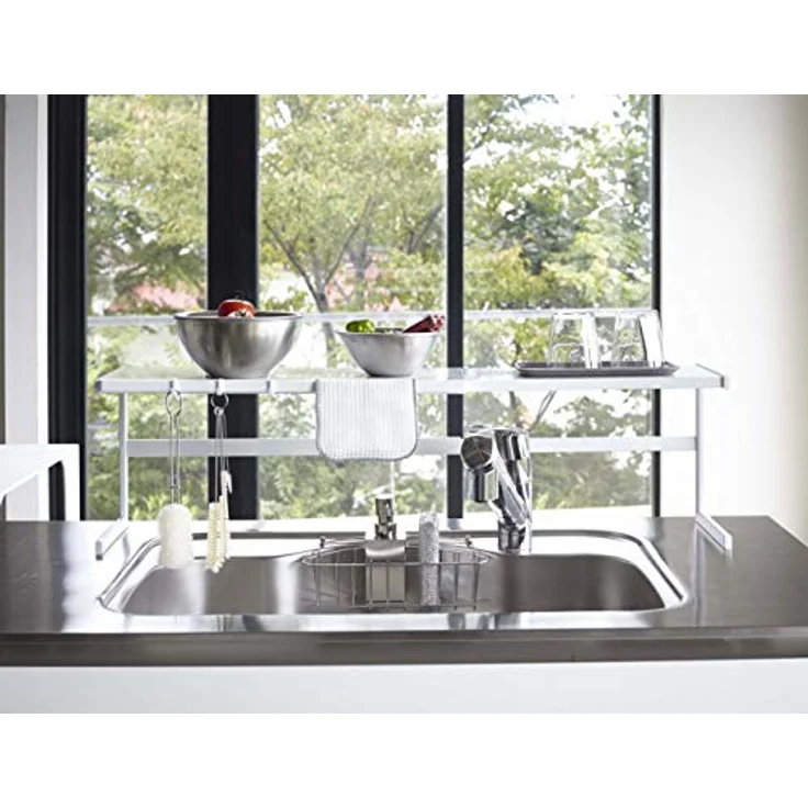 Yamazaki Küchenregal "Tower" Regal Metall 54 bis 92cm ausziehbar, platzsparend, Metallregal für mehr Platz in der kleinen Küche, mit 3 Aufhängehaken – Bild 3