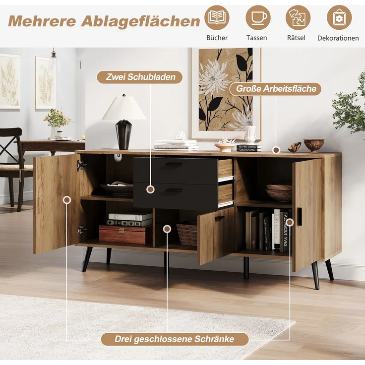 Merax Kommode, Sideboard, Mit Großer Arbeitsplatte, 2 Schubladen, 3 Türen, Beistellschrank Fur Wohnzimmer Esszimmer Küche, Schwarz+Holzfarbe – Bild 5
