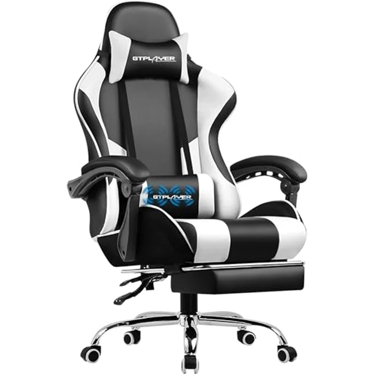 GTPLAYER Bürostuhl Gaming Stuhl Massage Gaming Sessel Ergonomischer Gamer Stuhl mit Fußstütze, Kopfstütze Massage-Lendenkissen, Gepolstert Gaming Chair, Drehsessel Weiß – Bild 2