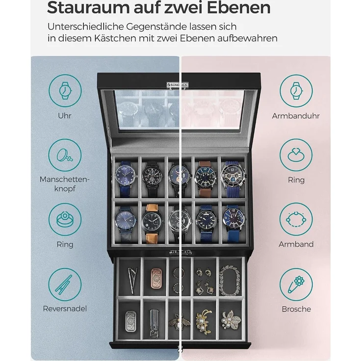 SONGMICS Uhrenbox, Uhrenkasten mit Glasdeckel, 2 Ebenen, Uhrenkoffer mit herausnehmbaren Uhrenkissen, Uhrenschatulle, Geschenkidee, PU-Bezug in Schwarz, Samtfutter in Grau JWB020 – Bild 3