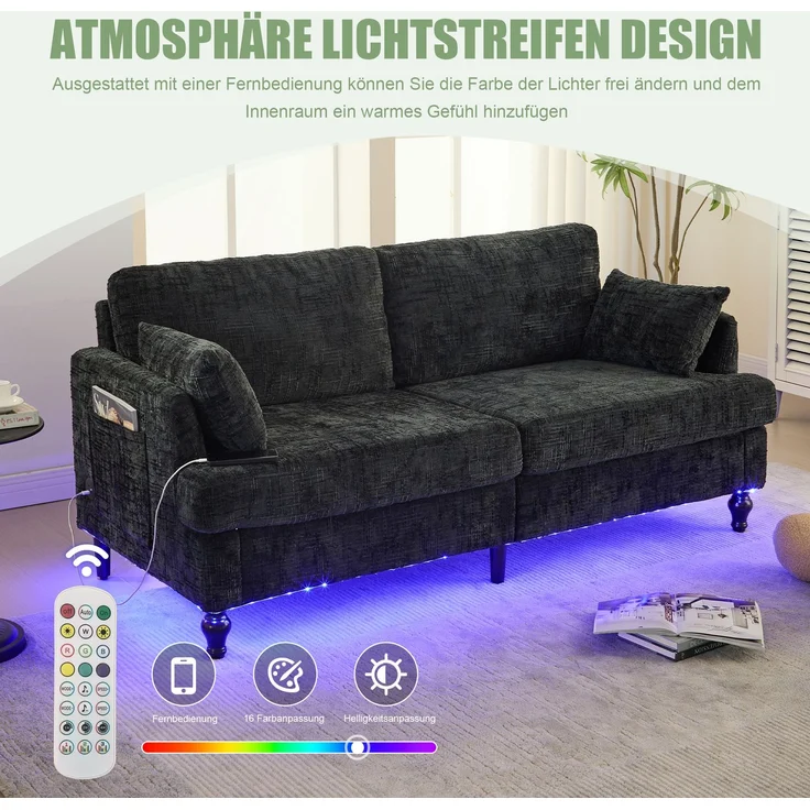 2-sitziges Chenille-Sofa mit USB-Ladeanschluss, LED-Licht und Aufbewahrungstasche in Schwarz – Bild 6