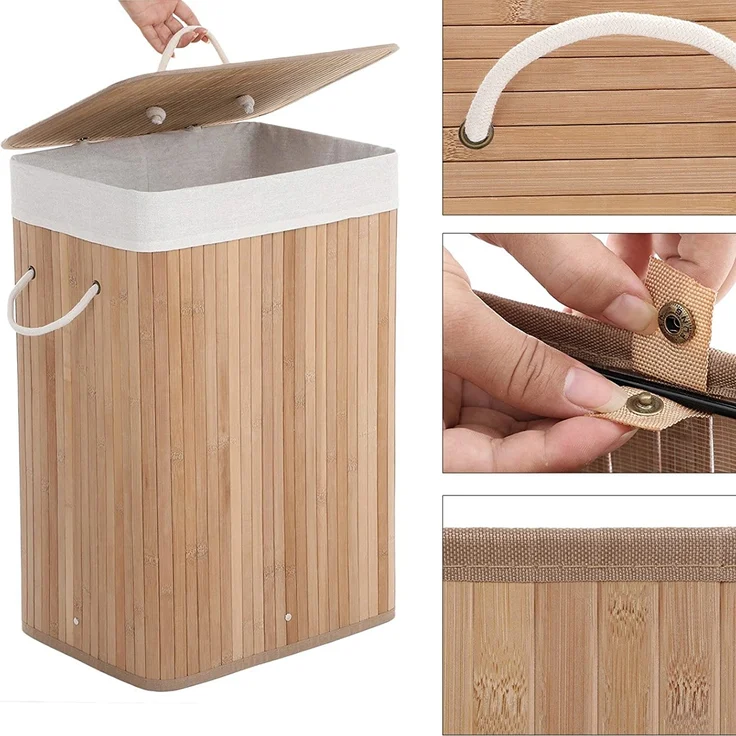 SONGMICS Wäschekorb mit Deckel, 72 L, Wäschekorb aus Bambus, faltbar, mit abnehmbarem waschbarem Beutel, Griffen, für Waschküche, Schlafzimmer, Holzfarbe LCB10Y – Bild 4