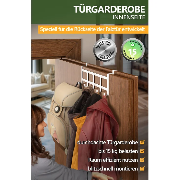 Aurelia Home Türgarderobe zum Einhängen, 5 Haken, Edelstahl, Weiß – Falztüren innen, bis 15 kg – Bild 2