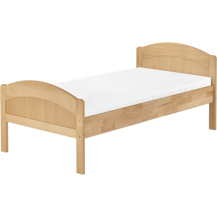 Erst-Holz Einzelbett, Massivholzbett geschwungenes Seniorenbett Buche natur Bettgestell mit Rollrost und Matratze, 100x200 cm