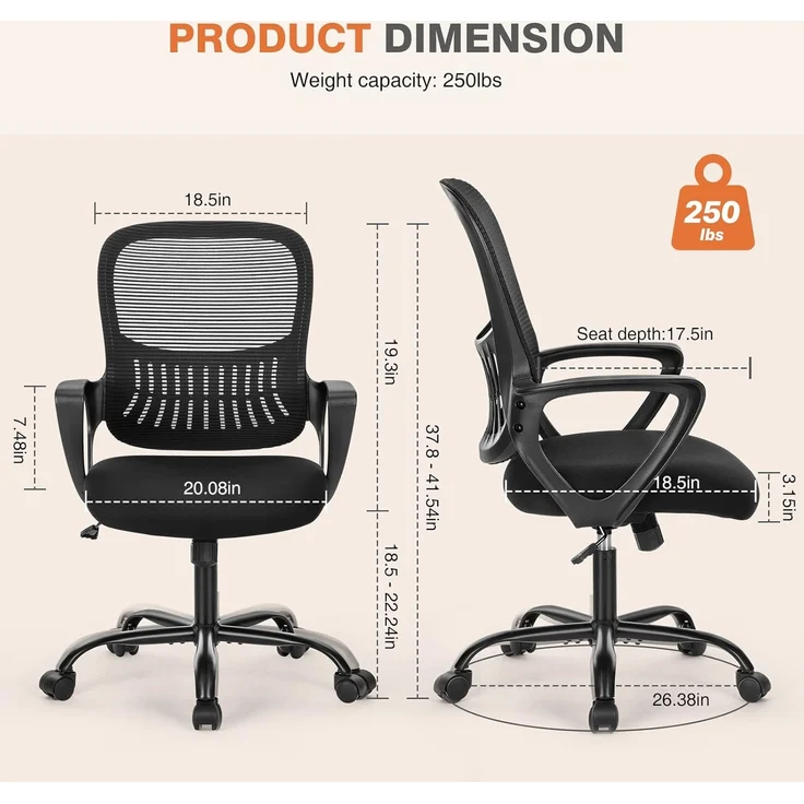 Sweetcrispy Bürostuhl, Computertisch, Managerial Chefsessel, ergonomischer Mid-Back Mesh Rollstuhl mit Rollen, Bequeme Lendenwirbelstütze, Bequeme Armlehnen für Zuhause, Schlafzimmer, Arbeitszimmer – Bild 7