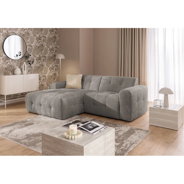 Modernes Ecksofa mit Ottomane links, markante Steppungen, Chenille Braun Taupe, 234 x 161 x 79cm – Bild 3