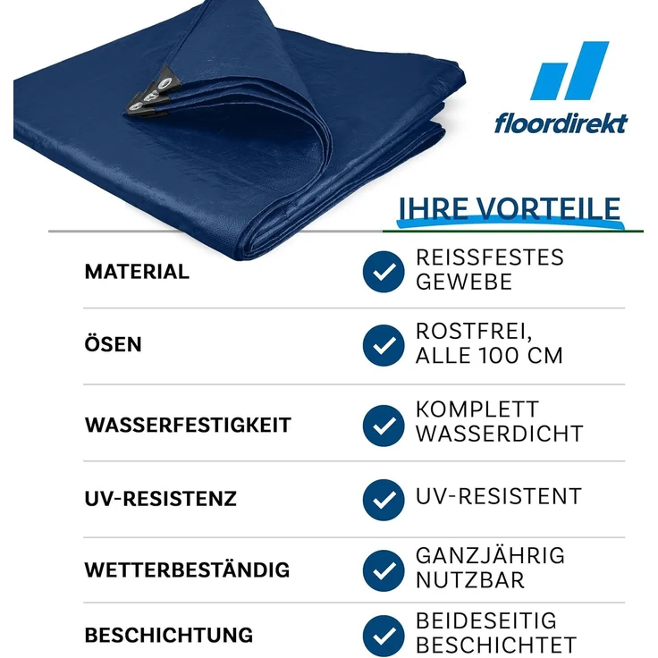 Floordirekt Abdeckplane | Gewebeplane Schutzplane Bootsplane Zeltunterlage für Camping & Outdoor Garten wasserdichte Planemit Ösen Viele Größen & Farben 8x14 m, 112m² 240 g/m², Blau – Bild 4