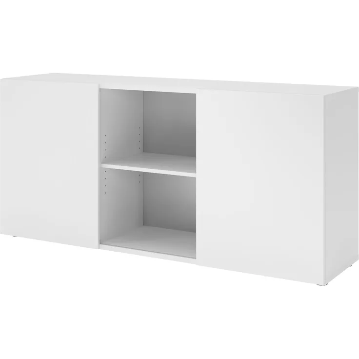 bümö Schwebetürenschrank, Sideboard weiß - Büromöbel Sideboard Holz 160cm breit, 42cm schmal, Büro Schrank mit Schwebetür für Flur oder als Wohnzimmer-Kommode, 1780-W-W