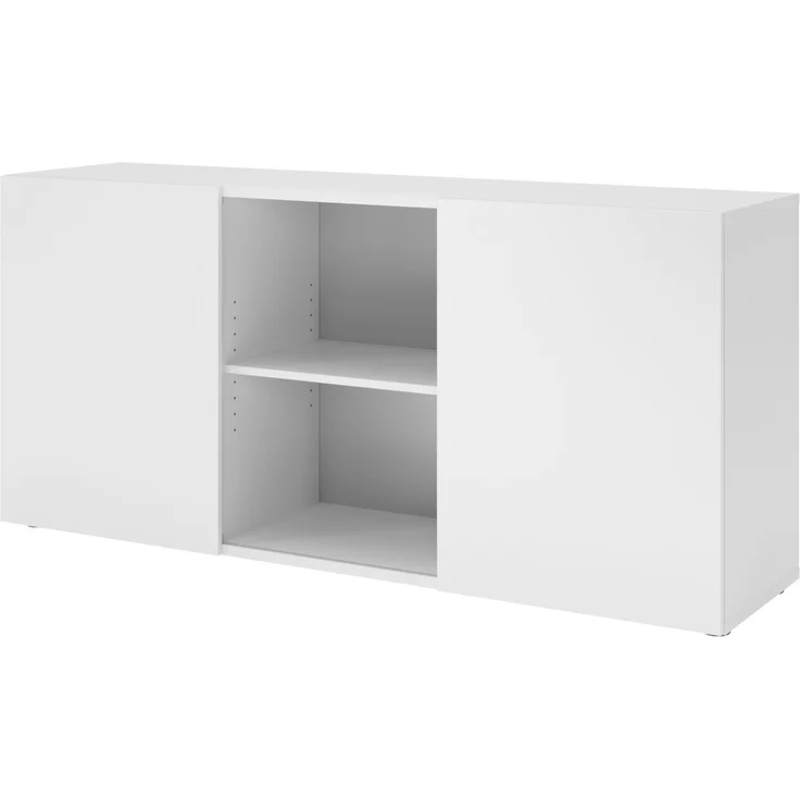 bümö Schwebetürenschrank, Sideboard weiß - Büromöbel Sideboard Holz 160cm breit, 42cm schmal, Büro Schrank mit Schwebetür für Flur oder als Wohnzimmer-Kommode, 1780-W-W