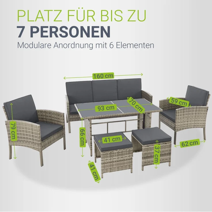 Juskys 'Turin' Outdoor Sitzgruppe für 7 Personen, Polyrattan, 120 x 70 cm, Grau – Bild 4