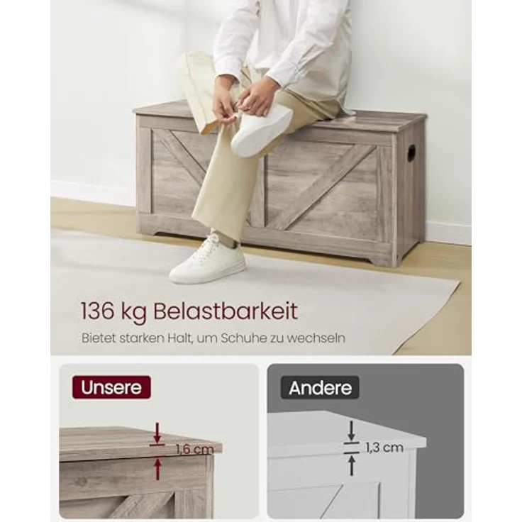 VASAGLE Schuhbank, Sitzbank mit Stauraum, Sitztruhe, 2 Sicherheitsscharniere, Aufbewahrungsschrank, Landhausstil, 40 x 100 x 46 cm, für Flur, Schlafzimmer, Wohnzimmer, Greige meliert LSB060K03 – Bild 8