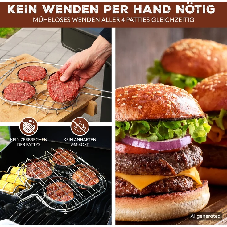 Burger-Grillhalter für 4 Burger Patties // Edelstahl // ca. 57 x 26 cm // Burgergriller Grillkorb – Bild 3