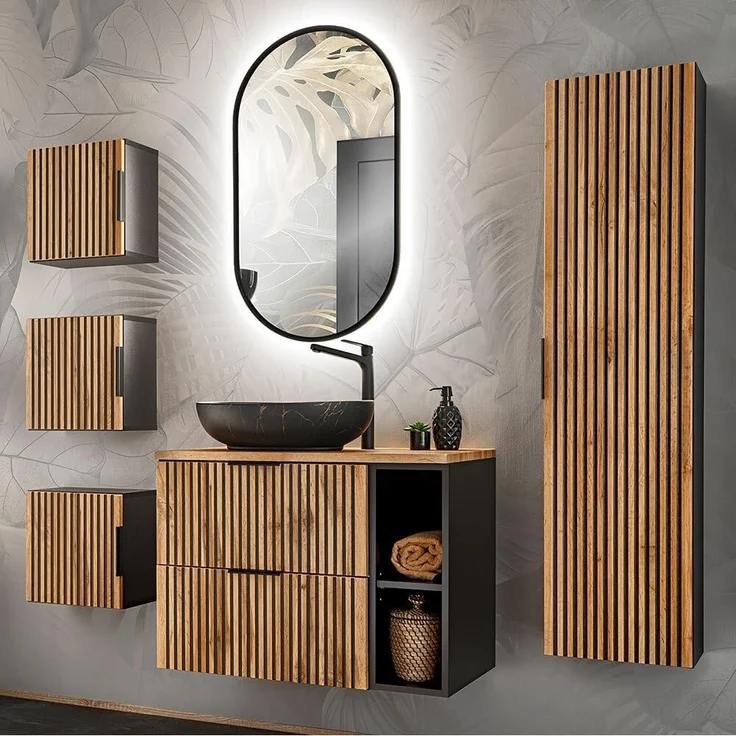 Waschtisch mit Regal und Aufsatzwaschbecken XANTEN-56 in anthrazit mit Eiche Nb. schwarz gerillt, B/H/T: ca. 80,6/74,2/46,5 cm – Bild 7