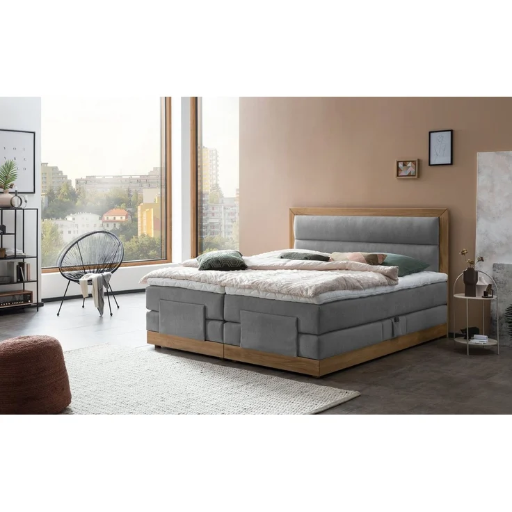 Belanoti Boxspringbett MODELA (Boxspringbett 180x200 elektrisch verstellbar Bett 180x200 mit Motor, 7-Zonen Taschenfederkern Matratze inklusive Visco Topper), in der Farbe Hellgrau H2/H3 Polsterbett Motorbett mit Eiche – Bild 5