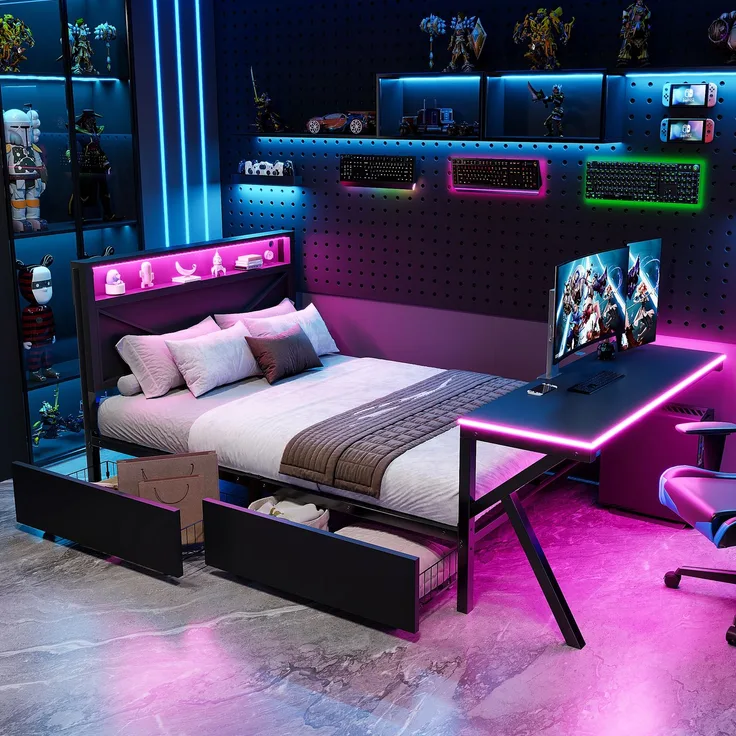 EINHOM 140 x 200 cm Großes Gaming-Plattformbett aus Metall mit LED-Kopfteil, LED-Schreibtisch und Zwei Schubladen, Schwarz (Ohne Matratze)