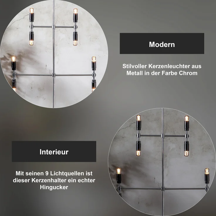 Moderner Kerzenleuchter ,Twice', 5-armig, 9-flammig, E14 Fassungen, Netzbetrieb, Chrom, H 91cm – Bild 4