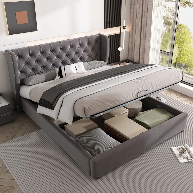 Merax Doppelbett, 140 x 190 cm, hydraulisch verstellbares Funktionsbett mit Lattenrost und Stauraum, Samt, grau – Bild 1