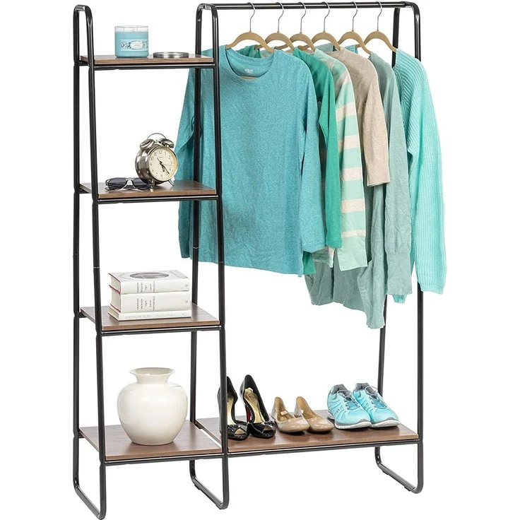 Iris Ohyama Kleiderständer mit Holzregalen, 4 Ebenen, Schwarz, Modernes, Robuster Rahmen, rutschfest, Für Schlafzimmer, Studio, Schrank, Kleidung & Schuhe, Wäscheständer, Einfacher Aufbau, PI-B3 – Bild 1