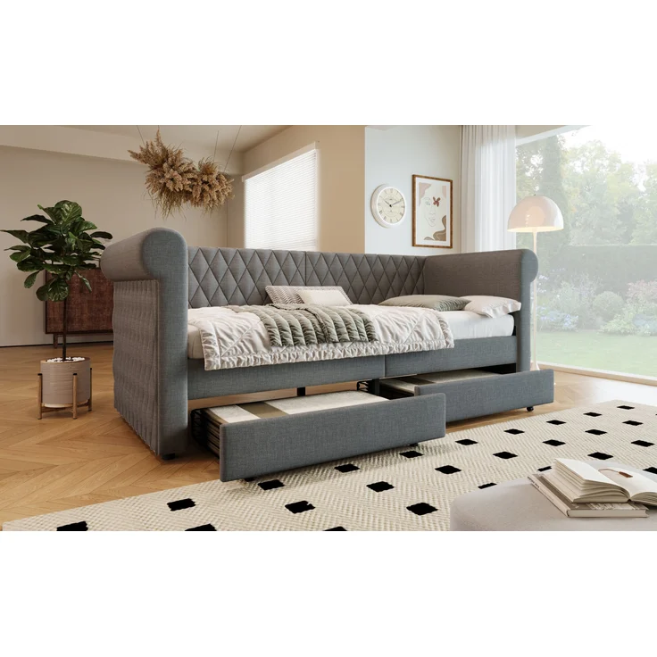 Polsterbett 90x200 cm mit 2 Schubladen – elegantes Schlafsofa in Grau, ohne Matratze – Bild 5