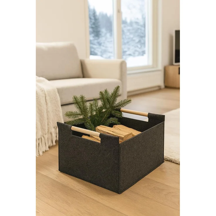 Kobolo Kaminholzkorb Holztrage Holzkorb Feuerholzkorb aus Filz, mit Holzgriffen – Bild 5